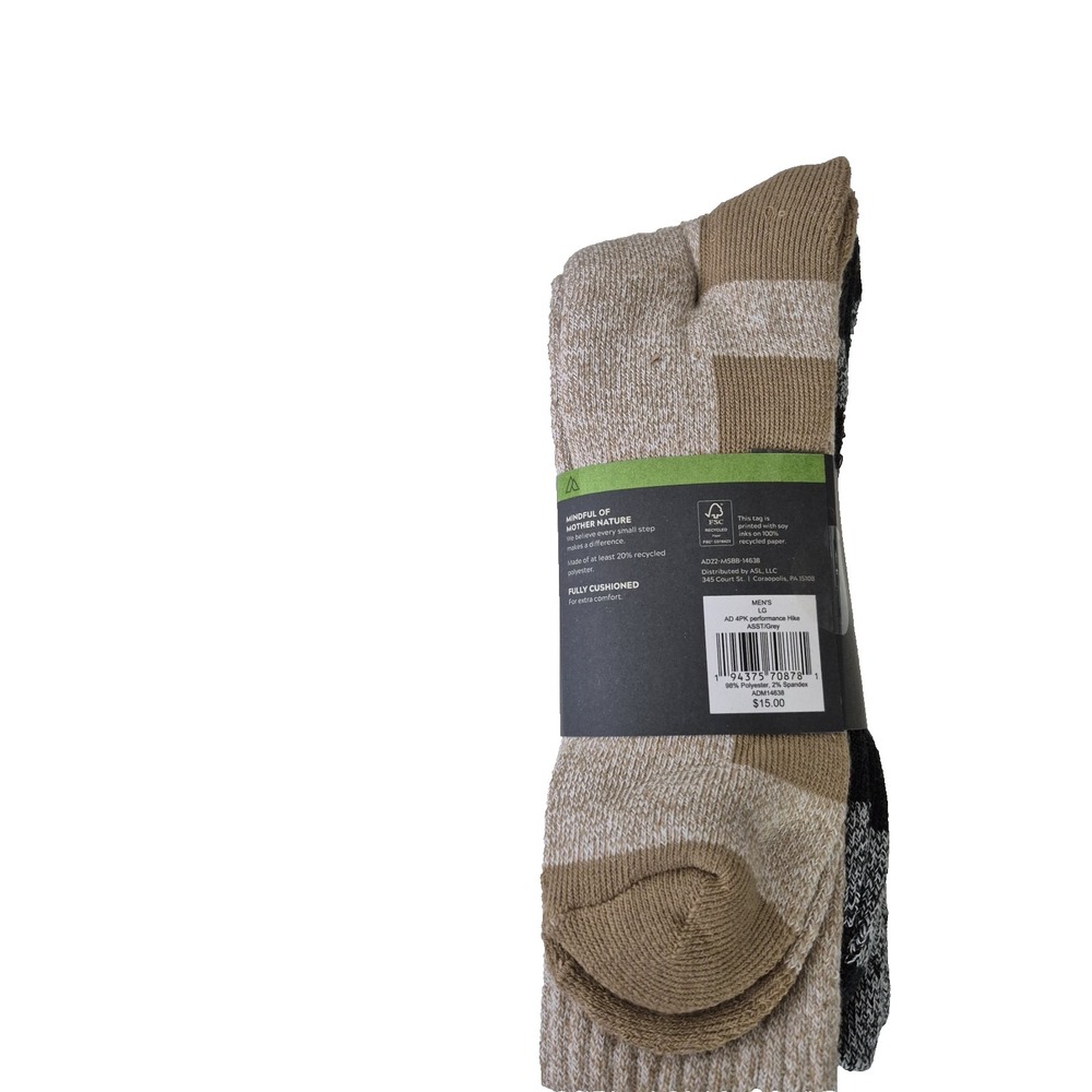 Alpine Design‎ Hiking Socks Mens L Crew Cushioned 4 Pack Performance Asst Grey
